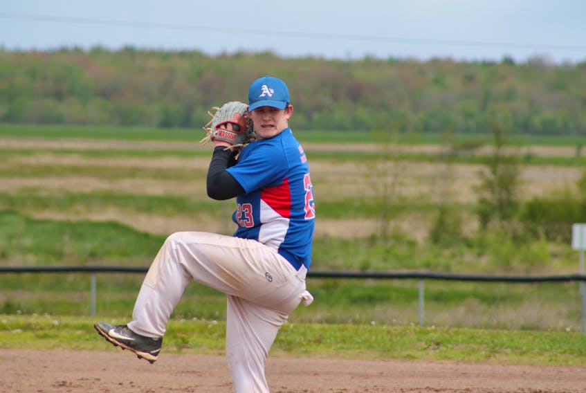 Cole Stevens of the Amherst Athletics delivers a pitch in Bluenose League Midget AA baseball action at the Robb Complex. The Midget Athletics host Kentville at the complex on Sunday. The Amherst Bantam Athletics host the NS Bantam Girls on Saturday at 11 am. - Tanya Tuttle-Comeau photo