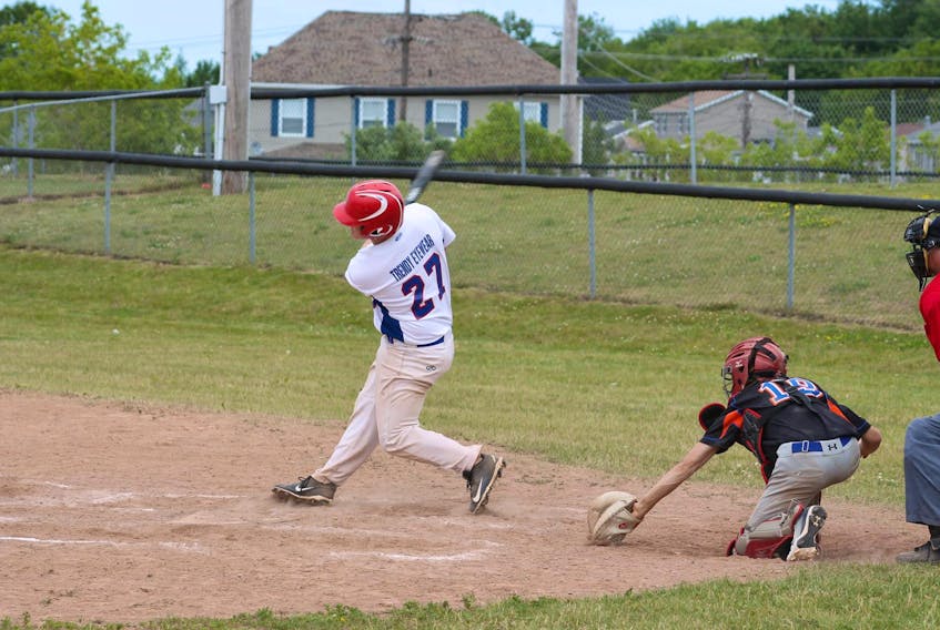 Cole Stevens of the Amherst Midget AA Athletics swings at a pitch in recent Bluenose league action against Halifax. Amherst split a doubleheader with the Hants North Blue Jays on July 21. - Tanya Tuttle-Comeau photo