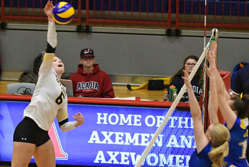 Dalhousie outside hitter Mieke DuMont, left, leads the Tigers into the U Sports women’s volleyball championship beginning Friday in Edmonton.