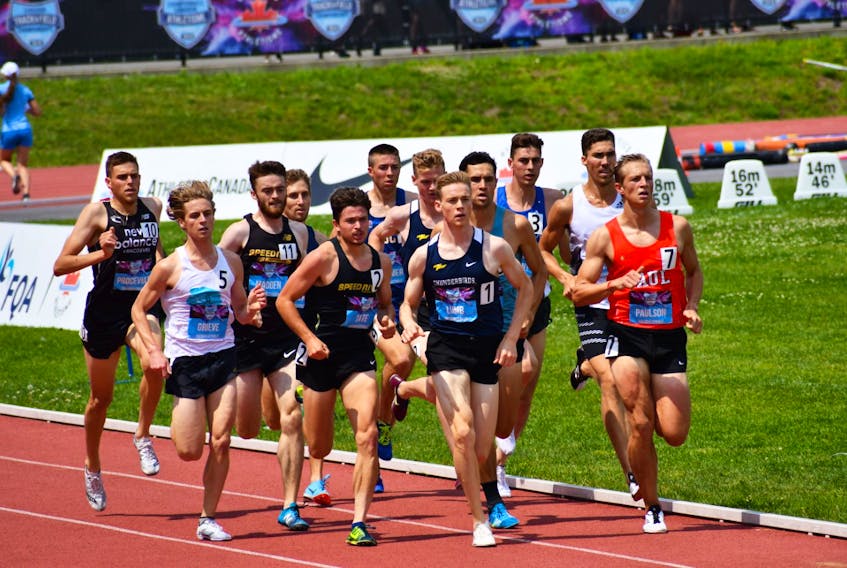 Heatherton native Mike Tate (front, left) competing at the 2019 Canadian Track and Field Championship where he captured a bronze medal in the 1,500 m event.