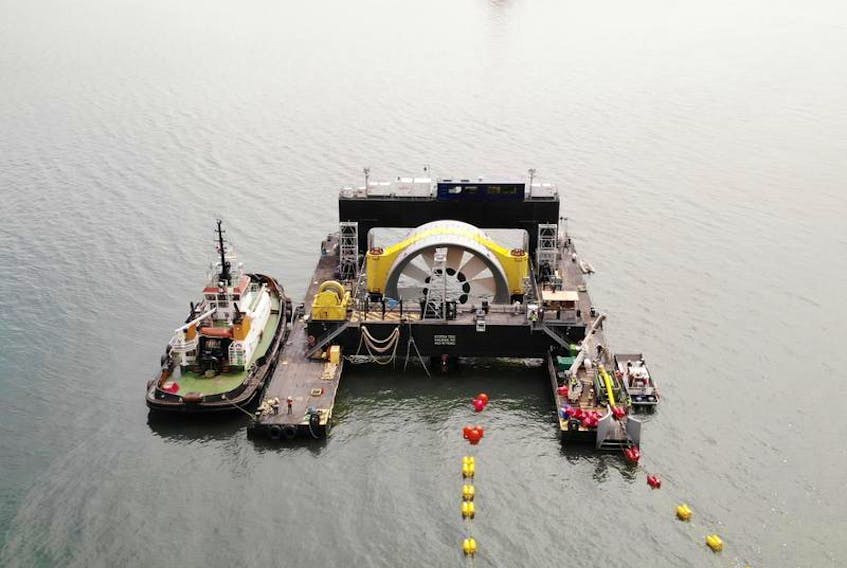 Crews from Cape Sharp Tidal moved a turbine in the Minas Passage near Parrsboro. OpenHydro, the company that owns the turbine, filed for bankruptcy shortly after the turbine was deployed. The barge Scotia Tide was arrested at the request of service providers who went unpaid for the turbine installation.