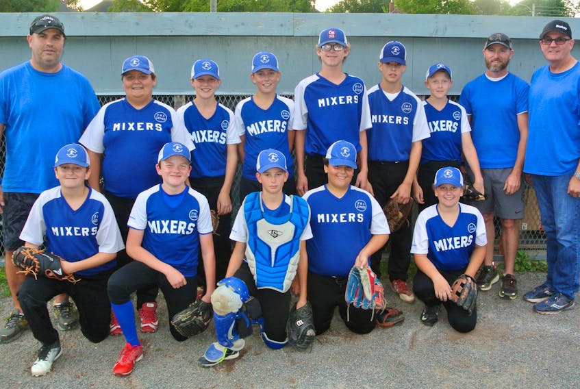 The Mixers are the Amherst Little League Baseball A system playoff champions. Members of the team include: (front, from left) Jackson Reid, Nate Atkinson, Nate Arseneau, Mandel Nickerson, Connor O’Brien, (back, from left) coach Scott Beed, Riley MacDonald, Caleb Campbell, Hayden Crocket, Aidan McBurnie, Burke Beed, Kolbi Purnell, coach Victor Wright and coach Pius Burke. Missing is Kirkland ‘Turkey’ Porter.