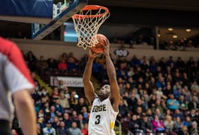 Montay Brandon had 20 and grabbed 17 of his team's 69 rebounds in helping the St. John's Edge defeat the KW Titans Thursday night. — Ryan MacLellan/St. John's Edge