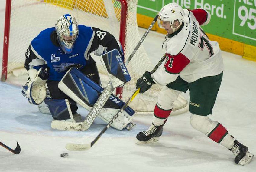 Saint John Sea Dogs goalie Alex D’Orio makes a save on Halifax Mooseheads goalie Connor Moynihan during a QMJHL game at the Scotiabank Centre last season.