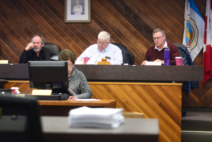 The Jan. 9 meeting of council included (from left) CAO Rennie Bugley, warden Allison Gillis, and deputy warden Joe van Vulpen.