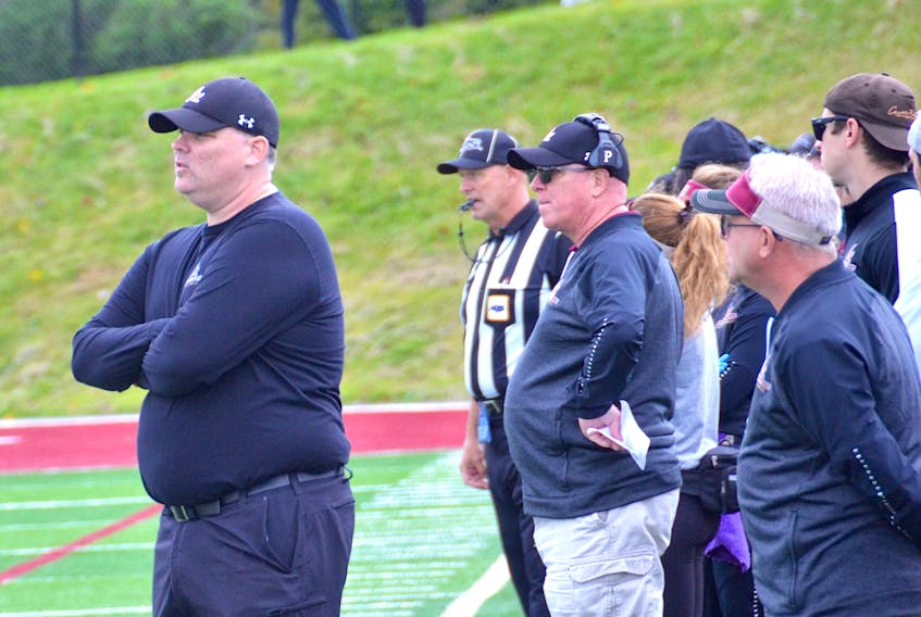 Head coach Peter Fraser, left, has led his Mounties to three consecutive wins, but they will face a huge challenge Saturday when they play host to the Acadia Axemen.