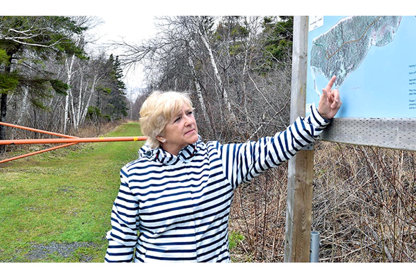 Patsi Blaikie of the Little Harbour Walking and Biking Trails Society points to a sign erected at Roy Island, near Melmerby Beach.