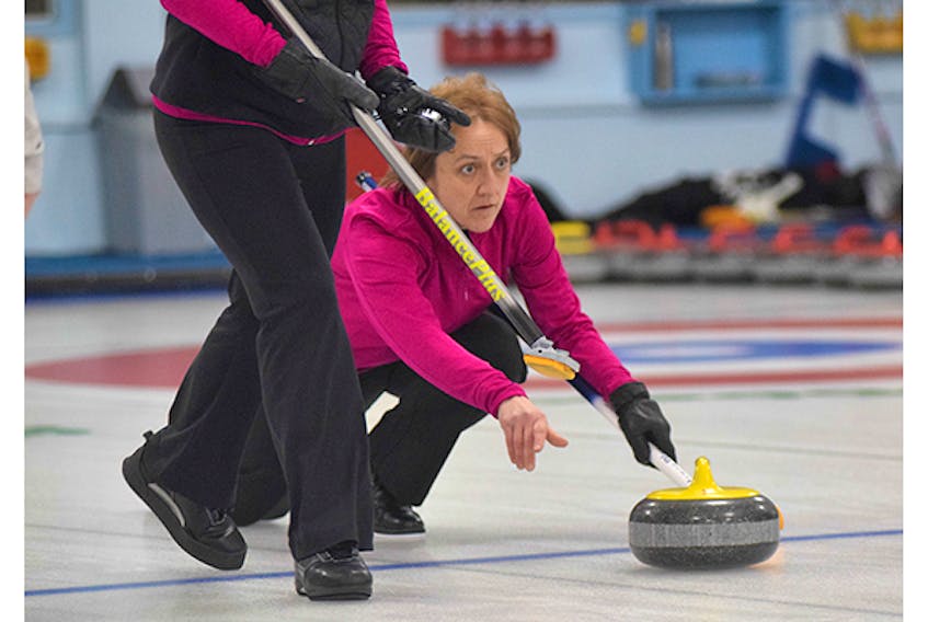 Donalda Buckingham, lead with the Courtney Buchanan foursome, throws a stone during action at the 2018 women’s Travelers Curling Championship being held this weekend at the Bluenose Curling Club.