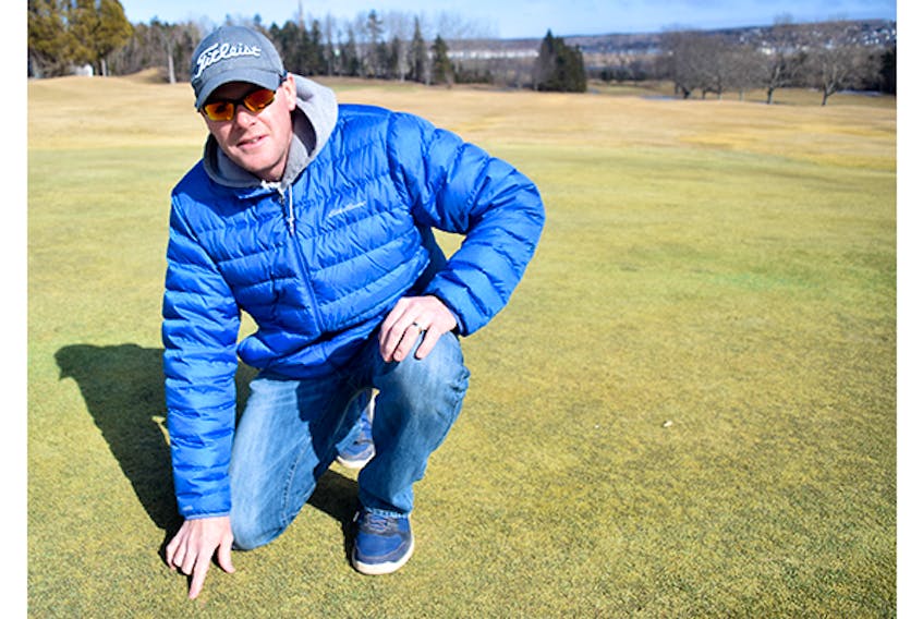 Erik MacPherson, golf course superintendent at Abercrombie, checks the ninth green for any evidence of disease.