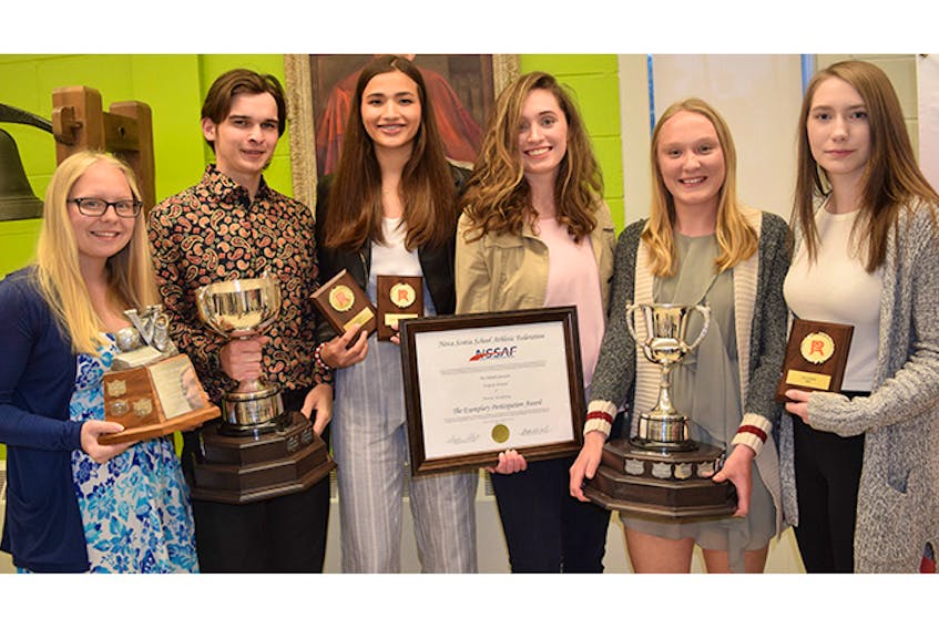 Shown are major sports awards winners at Pictou Academy for the 2017-18 year. From left are: Kari Waller, Ethan MacCallum, Emma Ruiz, Peyton Briand, Leigha MacDonald and Kylie MacCormack.