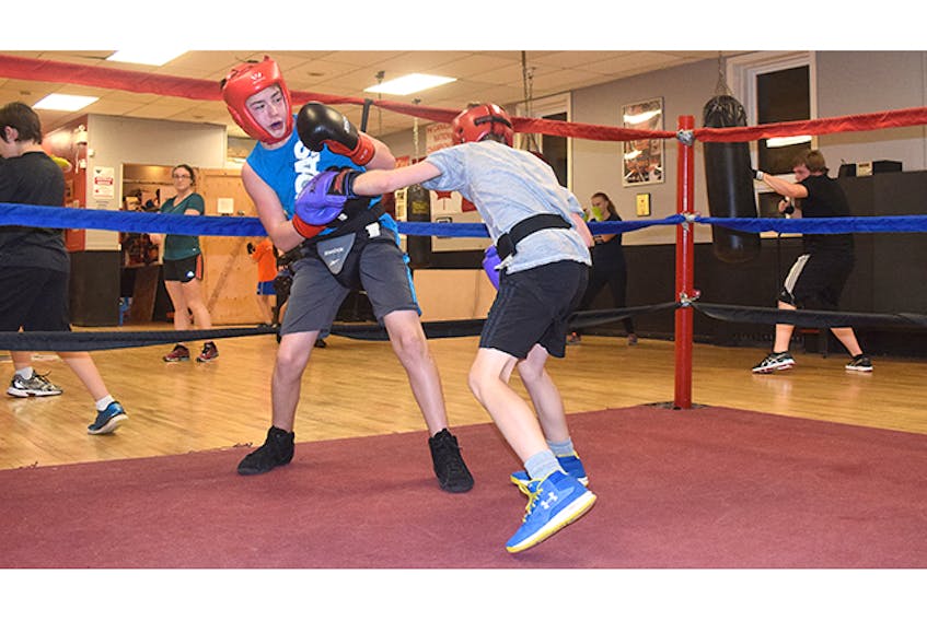 Tyvor Stewart, left, and Carson Scholes did some sparring this week at the Albion Amateur Boxing Club.