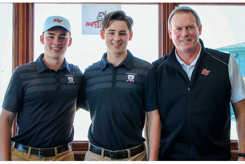 From left:  Evan Callaghan, Ben Callaghan and Grand View University Men’s golf coach Chris Winkel.