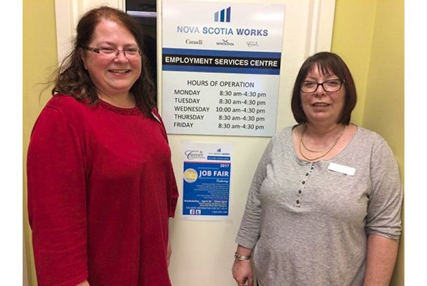 Heather MacIsaac, left, an employment engagement specialist, and Lisa Jewell, a career practitioner, both with Career Connections Nova Scotia Works, will be involved in the upcoming job fair with more than 35 employers seeking new employees, April 26, 10 a.m.-3 p.m. at the Pictou County Wellness Centre.