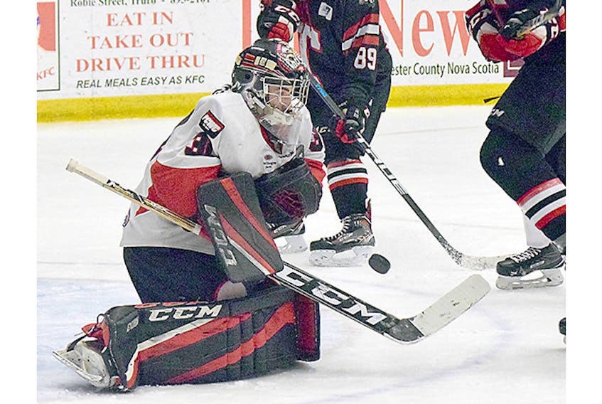 Luke Melanson makes a save against the Truro Bearcats last Friday in the Crushers’ 2-0 loss to the Bearcats.