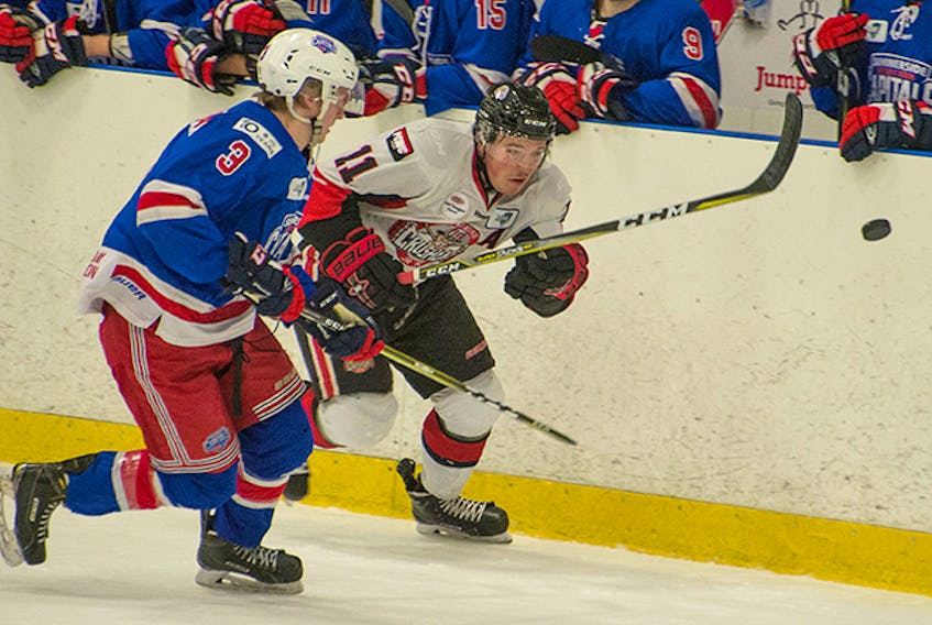 Forward Jacob Hickey is shown in the Crushers’ 5-2 loss last Thursday to the Summerside Western Capitals.