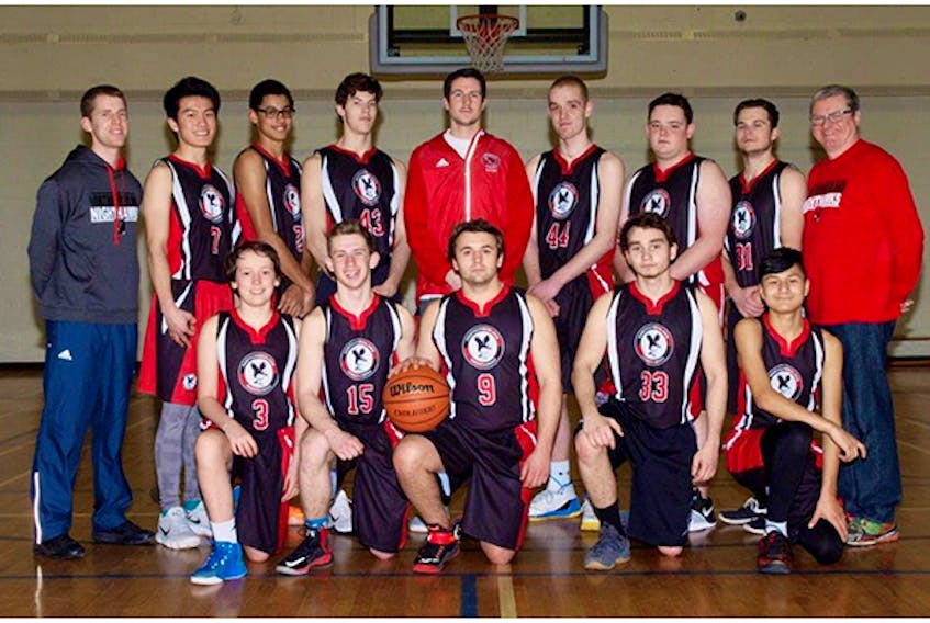 In front row from left are: Cal Maxner, Dan Stewart, Cole MacIsaac, Sarp Senyuva, Noah Spaudling. In back row from left are: assistant coach Alex Wolf, Yixie (Tom) Tang, Raine Decoste, Tyler Watters, coach Kyle Fraser, Connor Jones, Andrew Little, Draven MacDonald and manager Paul Fraser. Missing from the photo are Jeremy Voutour, Evan Borden, Brad Hawkes, and Draven MacDonald.