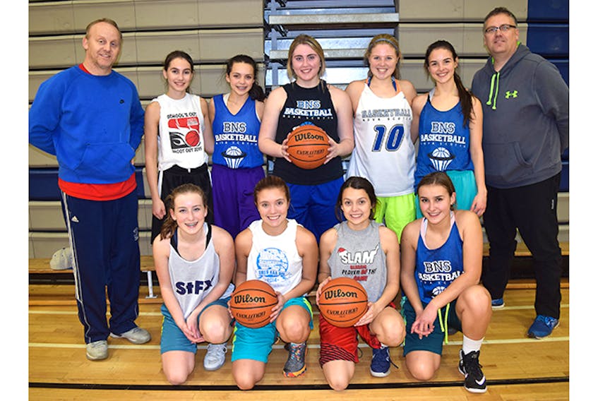 The NNEC Gryphons are hosting a girls varsity basketball this weekend on their home floor. Team members in front from left are: Raegan MacDonald, Abbie Delaney, Lucia MacKay and Courtney Smith. In back from left are: coach Andy MacKay, Jade Butler, Isa MacKay, Sarah O’Neil, Jaden MacEachern, Kassi Brightman and assistant coach Pat Delaney. Missing from photo is Maddie MacMillan.