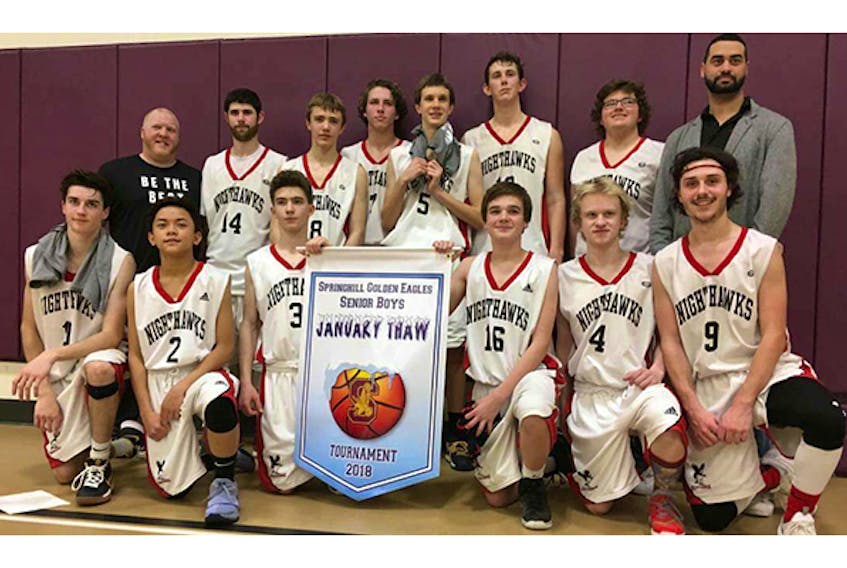 NRHS Varsity Boys Basketball has another banner for its gym wall after going undefeated in a two-day tournament in Springhill on the weekend. Team members are, from front left, Tom MacKenzie, Lexter Rico, Jonah MacEachern, Brayden MacDonald, Liam Nielsen and Matt Russell. Back row, from left, coach Nick Irvine, Ben Conway, Marcus MacLeod, Mitch MacGillivray, Glen Cox, Rhys Stevenson, Luke Fortune and coach Joey Desmond. Missing from the photo are coach Tony Wright and manager Erik Nielsen.