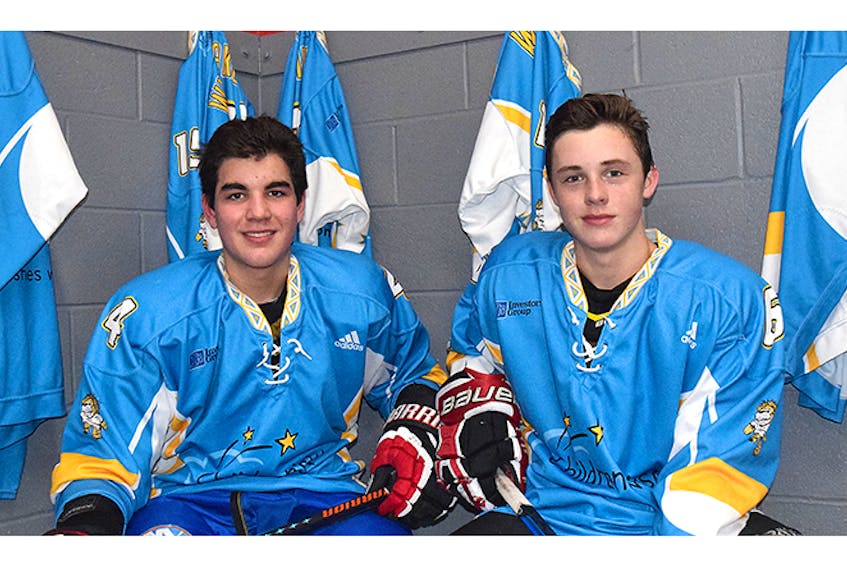 Bombers players Cale MacLaughlin, left, and Oliver Schnare show off the jerseys the team will wear during the game.