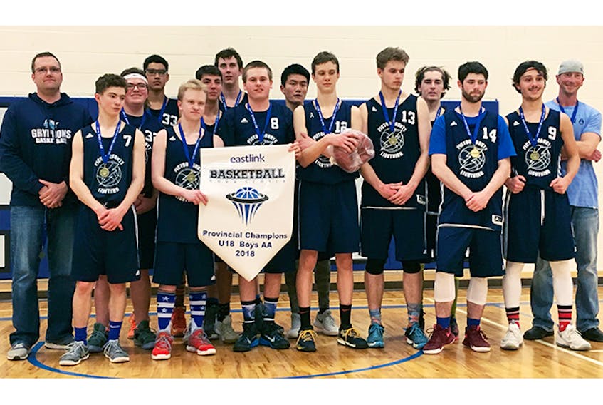 Pictou County Lightning won the juvenile division provincials in Halifax Sunday. Members of the team are, front row, from left, Coach Robbie MacGregor, Jonah MacEachern, Liam Nielsen, Chad Russell, Glen Cox, Chris Gillin, Ben Conway, Matt Russell and Coach Mark Stinson. Second row, from left, are Luke Fortune, Raine Wilson-DeCoste, Joe McCarron, Rhys Stevenson, Tom Tang and Layton Williams. Missing from the photo is team manager Erik Nielsen and assistant coach Nick Irvine.