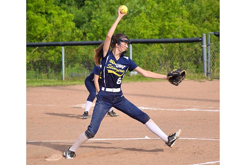 Laura Baillie of the U-14 Stellarton Subway Stingers is shown in action this past weekend at the 
annual Brian Jarvis Memorial Fast Pitch Tournament.