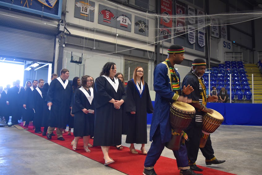 Pictou NSCC graduating students entering the Sobeys arena for 2019 convocation ceremony.