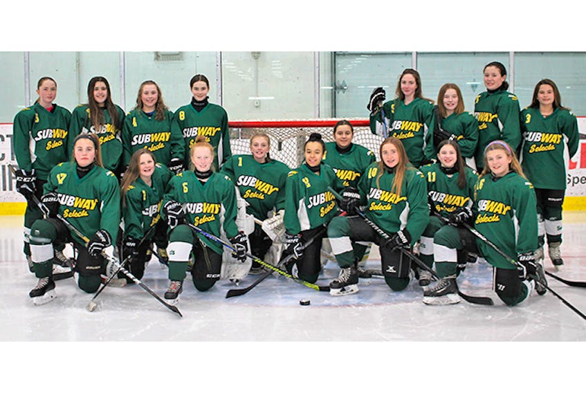 Pictured are the Northern Subway Selects PeeWee AA squad. In back from left are: Grace MacDougall, Ellie Clarke, Lily LeBlanc, Lauren Smith, Sarah Fraser, Kenzie Greencorn, Josie Dunn, Olivia Marks. In front from left are: Julia MacDonald, Erin MacNeil, Baillie Griffon, Jorja Burrows, Willa Evans, Gabby Arsenault, Rylan Biron, Elisabeth MacEachern and Maddi Beson.