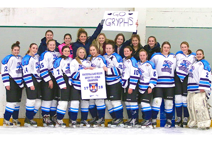 The NNEC girls hockey team is shown with the NSSAF Northumberland Regional Division 1 banner last month. In front row are: Rhea Young, Garyn Purvis, Keighan DeCoff, Breanna Sandluck, Shalyn Bona, Paige MacDonald, Caitlin Taylor, Taylor Long, Lindsey MacDonald, Ashley MacDonald, Jayden Palmer, Victoria Dunn. In back from left are: KJ Emery, Jenna Landry, Sophia Wornell, Camryn Halliday, Jensen Arsenault, Eva Wornell and Sarah MacNeil. Missing from photo was Heath Miller.