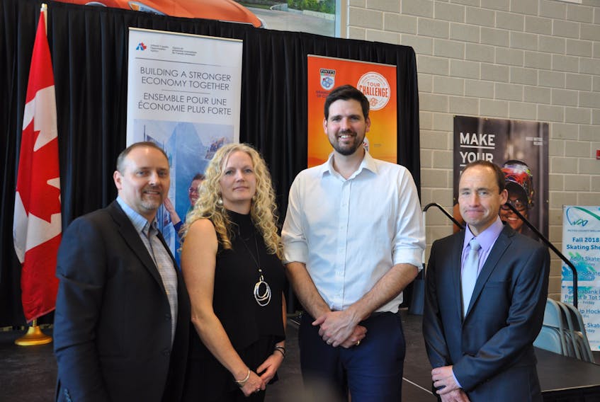 Chair of the Pictou County Wellness Centre board of directors and mayor of Trenton Shannon Mcinnis, PCWC events manager Jennie Greencorn, Central Nova MP Sean Fraser and PCWC COO David Hood at an announcement of $201,000 into the PCWC from ACOA.