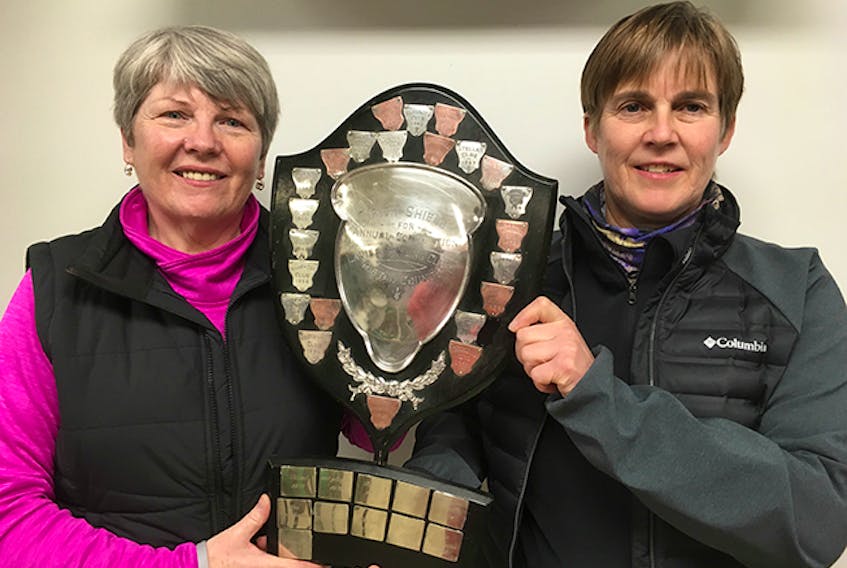 Joan Fanning, left, and Margo Hilchey with the Irish Shield trophy.