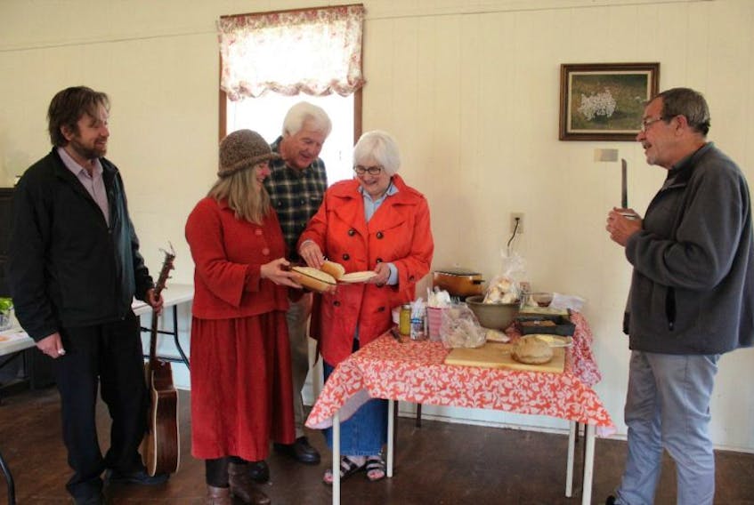 Pictou East NDP candidate Deborah Stiles recently held an event in Churchville that featured a meal made from ingredients almost entirely from Pictou County. Pictured is musician Paul Tupper, Stiles, former MLA Clarrie MacKinnon, Mary K. MacKinnon and Patrick Ryan.