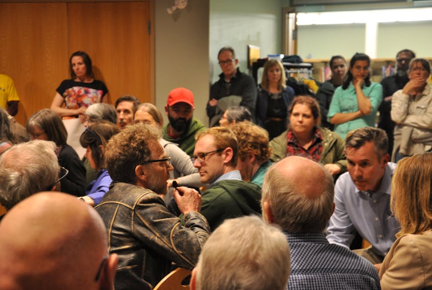 Close to 100 people had come to take part in the town-hall style meeting at the People’s Place Public Library to discuss a Green New Deal for Canada.