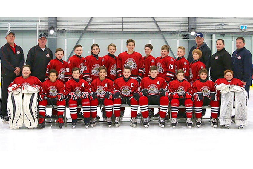 In front are: Jeffrey Quinn, Kaden Smith, Cory MacGillivray, Reese Smith, Ben Wallace, Lane Lochead, Cade Moser, Dominic MacKenzie and Evan Ramsey. In second row are: Keagan Dalton, Eastyn Cameron, Brendan Avery, Logan Crosby, Jayden Duplessis, Jax Graham, Seth Gallant, Ben Manos and Cameron Boulter. In nbac row are: coaching staff members Ross MacKenzie, Jeff Green, Rick Cameron, Troy MacDonald and Mike Lochead.