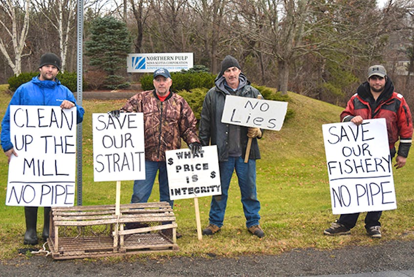 Fishermen protest outside Northern Pulp over plans for a replacement treatment facility that will pipe effluent into the Northumberland Strait.