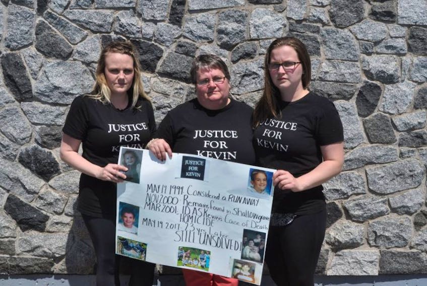 Bonnie Thomas (centre) came to Stellarton Friday to remember her son, Kevin Martin, who went missing on May 19, 1994. With her are her daughters Danielle (left) and Samantha.