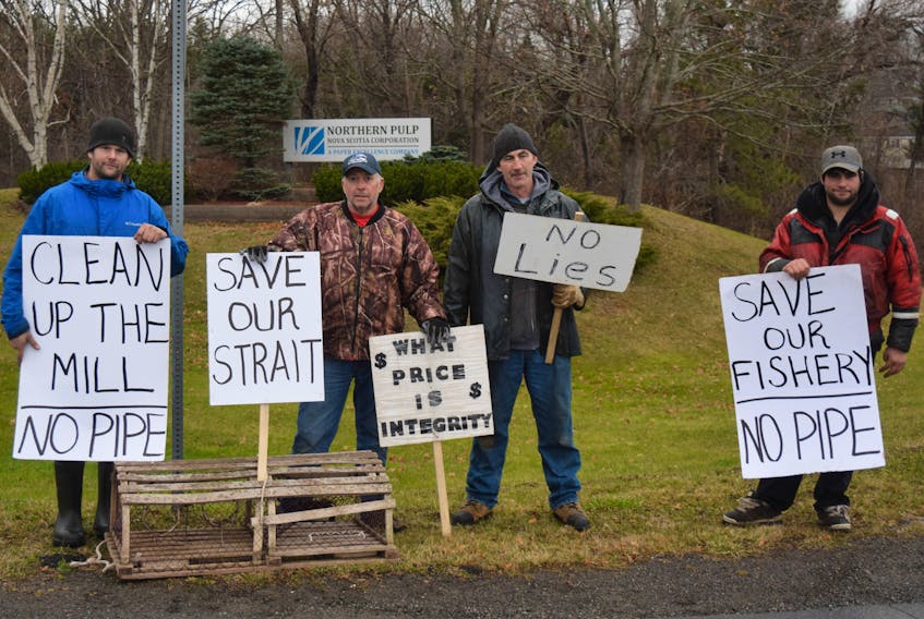 Ryan Fleury, Dave Scanlan, Edwin Shaw and Nicholas Hemphill participate in a protest to raise awareness of what they believe is at stake with the eventual closing of an effluent treatment facility by Northern Pulp.