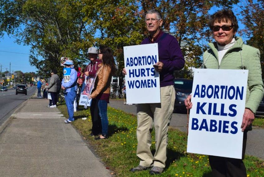 Pro-life advocates lined East River Road Sunday to promote their belief that life begins at conception and that abortion is murder. 