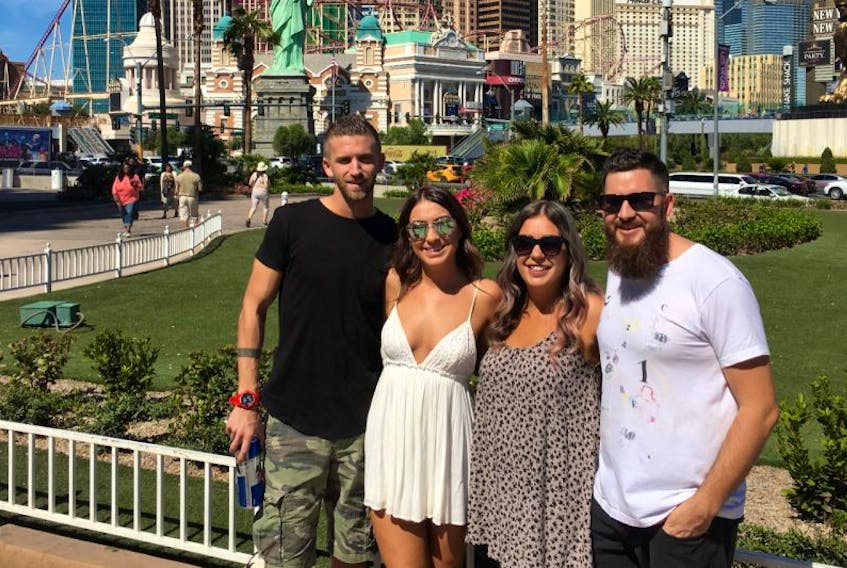 Leah Samson, second from right, and her husband Kyle Samson, along with Liam Dunlop and Jenna Vienneau, were on vacation in Las Vegas the night of the worst mass shooting in U.S. history.