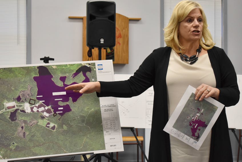 Christine Skirth, a project manager with GHD Consulting, explains some of the finer points of a remediation process planned for Boat Harbour, at the Pictou Landing fire hall on Wednesday evening.