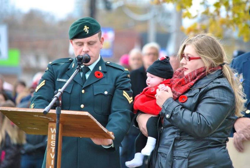 Cpl. Berin MacNabb and his wife Julie, shown with daughter Callie, were the guest speakers at the Westville Remembrance Day service on Friday. Cpl. MacNabb serves in the Canadian Army with the Corps of Royal Canadian Electrical Mechanical Engineers, and the family lives in the community of Gairloch Lake. They moved to Pictou County in 2015, and were surprised by the large number of people who turned out for the Remembrance Day service when they attended last year.