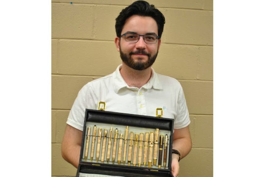 On average, it takes two hours to make one pen, and Dylan Thompson-Mackay now crafts 12 different styles of pens and pencils made from 45 different exotic hardwoods from around the world, including locally produced bird’s eye maple.