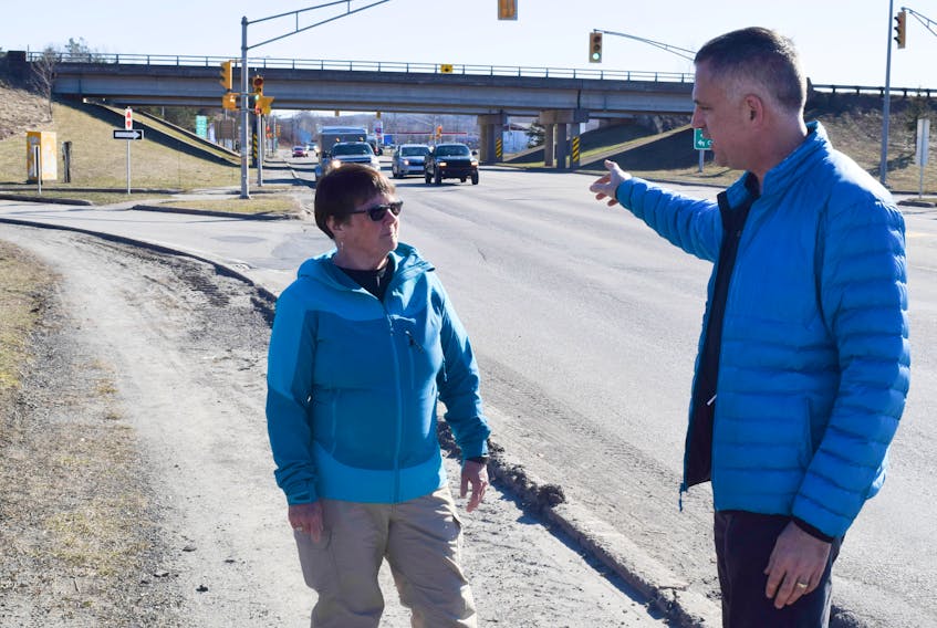 Evie Fraser and Municipality of Pictou County Councillor Andy Thompson discuss the need for a proper sidewalk through Blue Acres.
