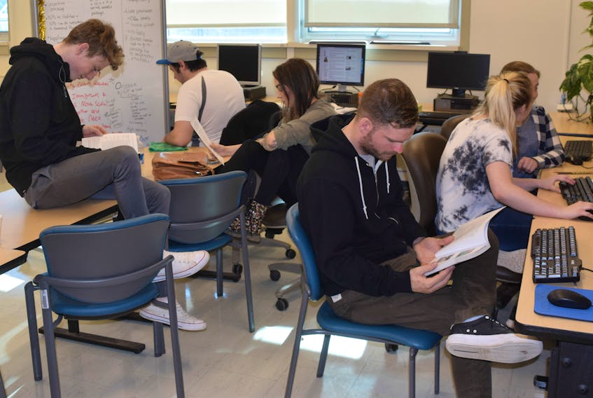 Students at the NSCC campus in Stellarton brainstorm ideas as part of the Challenge NS competition.