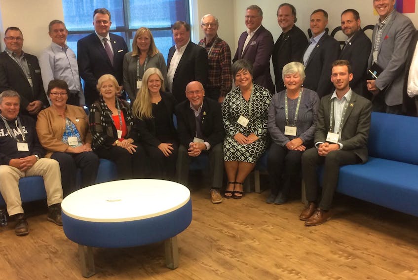 New Glasgow Mayor Nancy Dicks (fourth from the left, top row), and many other Atlantic Mayors signed a resolution requesting more support from the federal and provincial governments in addressing upcoming changes that the legalization of marijuana in Canada will entail. Dicks and the other mayors gathered at the Oct. 18-20 meeting of the Atlantic Mayors’ Congress meeting.