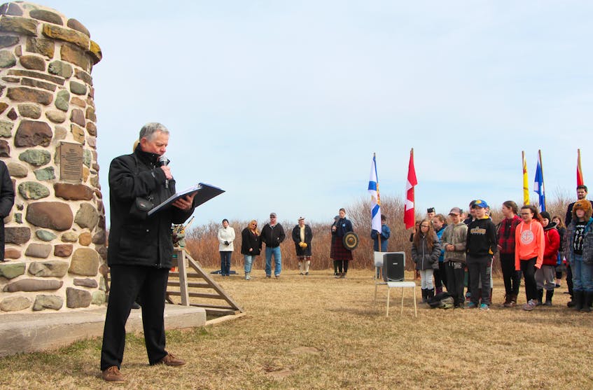 Bill McVicar, one of the organizers, speaks during the 2017 Battle of Culloden commemoration ceremony at the Culloden Memorial Cairn in Knoydart, Pictou County. The 37th annual ceremony will take place Saturday, April 21, beginning with the traditional march from the highway to the cairn, beginning at 11 a.m.