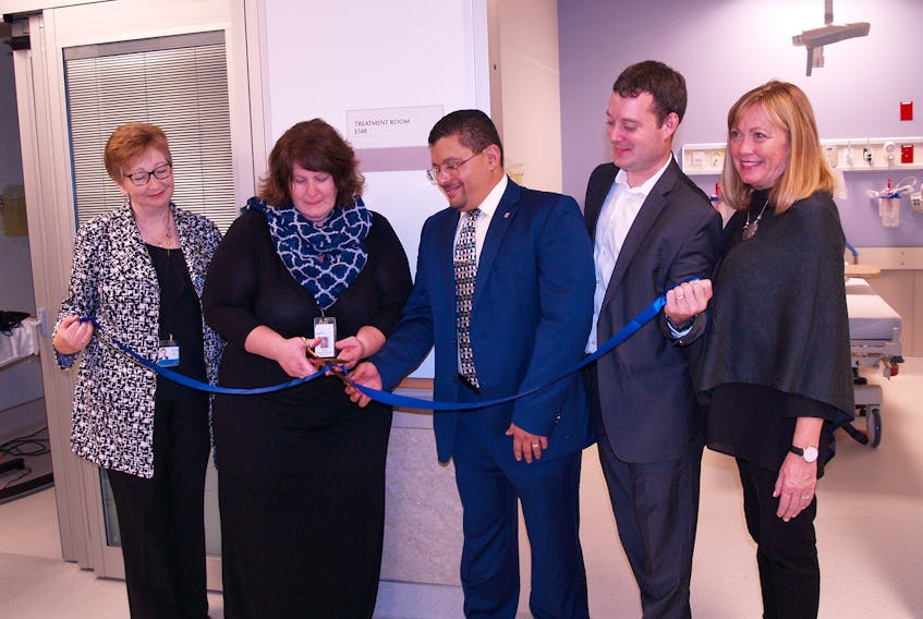 NSHA President and CEO Janet Knox, Health Services Manager Jennifer Sutherland, Emergency Department Head Dr Marwan Tolba, Health Minister Randy Delorey and New Glasgow Mayor Nancy Dicks took part in a ribbon cutting Monday for the new emergency department at the Aberdeen Hospital which is scheduled to open on Oct. 24.