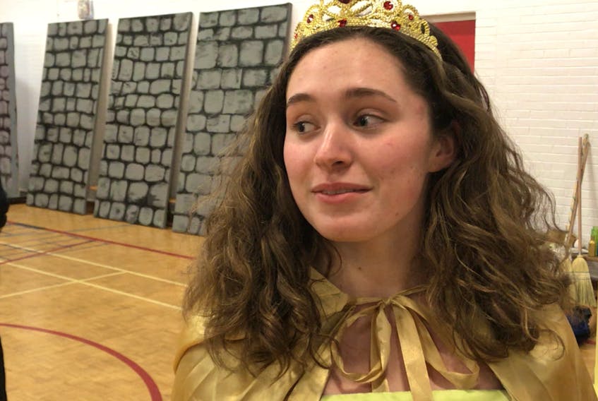 Grade 12 student Peyton Briand, who plays Queen Mildred, at the rehearsal for Haphazardly Ever After at Pictou Academy on Wednesday afternoon.