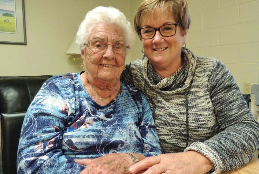 Centenarian Emily Donnelly shares a few laughs with niece Wendy Ross and gets all the information on a new great-grand nephew. When she is not being visited by various generations of the Williams family, she enjoys a good game of cribbage, going out to dinner or a drive down to the shore.