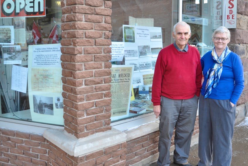 Art Palmer and his wife Hazel have decorated the store front of their business on Provost Street in memory of the 100th anniversary of the Halifax Explosion. Palmer’s grandfather was killed in the explosion.