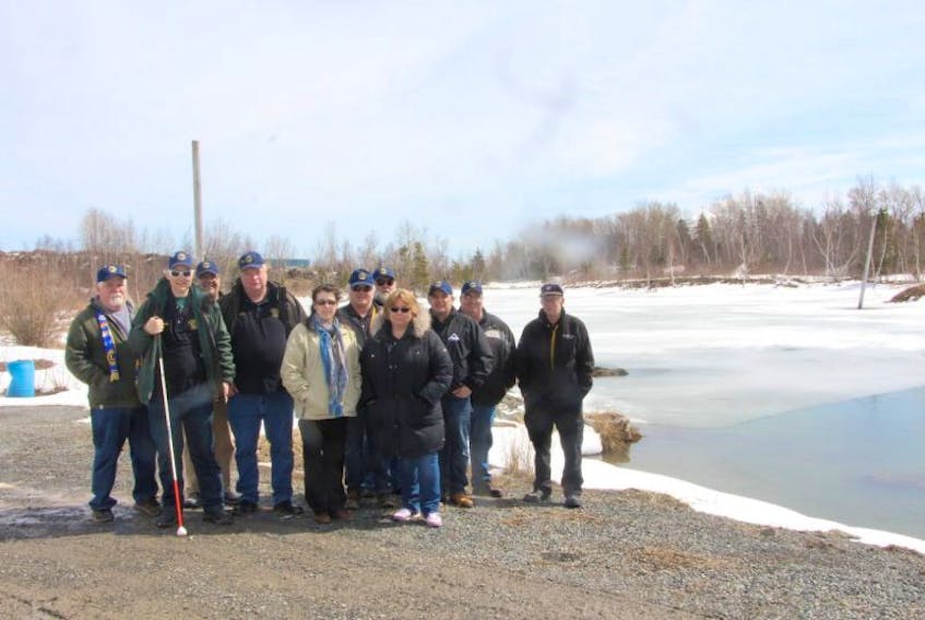 Members of the Pictou and Area Lions Club recently gathered at the quarry pond off Brown’s Point. The Club wants to lease the land from the town to make a park for residents. From the left are Bruce Morgan, Craig Aucoin, Mike St. Pierre, Peter Boyles, Laurena Greencorn, François Rochon, John F. Kennedy, Sadie Boyles, Dave Rhyno, Shawn McNamara and Cyril Horne.